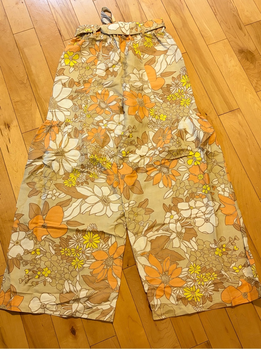 NWT Current Air Floral Tie-Waist linen Wide Leg Pants in Orange, Cream Tan small - Picture 11 of 11